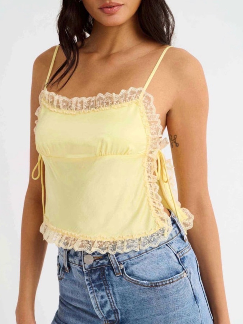 Rumored Pale Yellow Satin Lace-Trimmed Camisole
